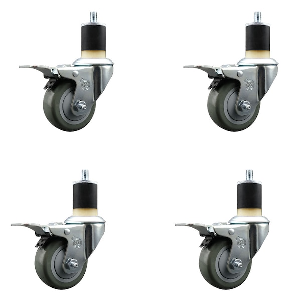 3'' Gray Poly Swivel 1-7/8'' Expanding Stem Caster Set Total Lock Brake, 4PK